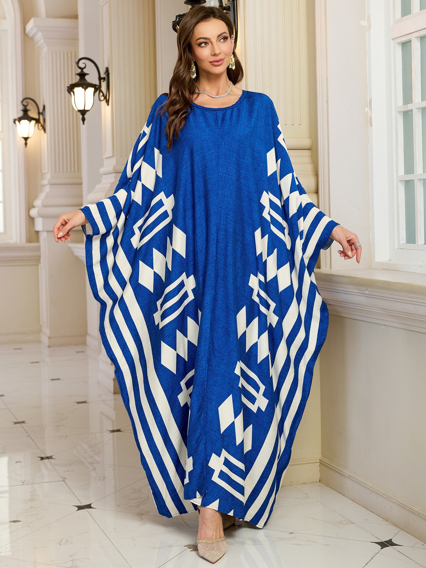 Geometric Pattern Kaftan Maxi Dress with Long Batwing Sleeves for Beach Cover Up